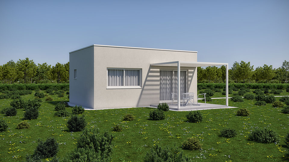 3D Architectural renders & floor plan for modern 40 m² single-storey house